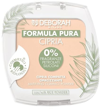 Deborah Milano - Cipria Compatta Opacizzante BIO Formula Pura, Ingredienti Naturali e Biologici, Finish Matte, Texture Leggera e Vellutata, Senza Parabeni, Siliconi, Fragranze, Colore: Beige 2, 10 g