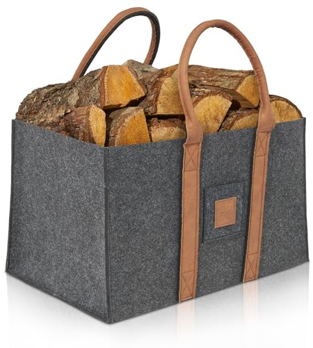 OAKAGE® Einkaufstasche Faltbar Filztasche Shopper Holzkorb für Kaminholz Groß Kaminholzkorb Filzkorb Feuerholzkorb Brennholzkorb Kaminkorb Kaminholztasche | Korb Dunkelgrau