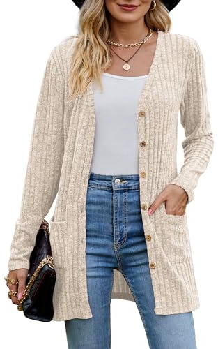 MYCOLORBLUE Alte Zeiten Strickjacken für Damen Elegant Cardigan Gerippt Langarm Knopfleiste mit Taschen Strickcardigan Beige XXL