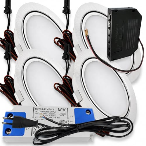 Rolux 4er Set LED Möbeleinbauleuchte Emma 12V 3W Warmweiß 3000K | Ultra flach Ø55mm Einbaustrahler | 180lm | inkl. LED Trafo & 230V Zuleitung | Für Möbel, Schrank, Küche | Einfache Montage, IP20