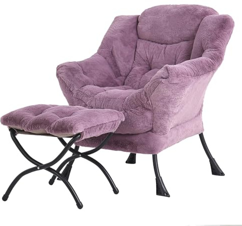 YOTATING Bequemer Sessel mit Fußhocker, Lazy Chair mit Ottomane, Freizeit-Akzentstuhl, Relax-Lounge-Sessel mit Armlehnen & Seitentasche für Wohnzimmer, Schlafzimmer & kleine Räume, Plüsch Lila