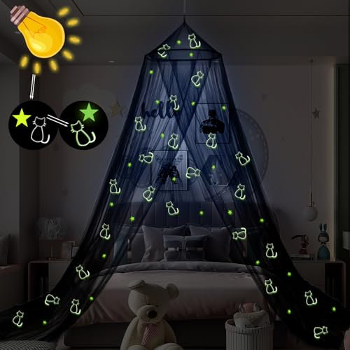 SESAMIS Kinderzimmer Baldachin für Mädchen - Katzenmuster Kinderbett Himmel für Hausbett und Einzelbett - Traumhafte Schlafzimmer Dekoration für Kinderzimmer (Stern Katze, Lodge)