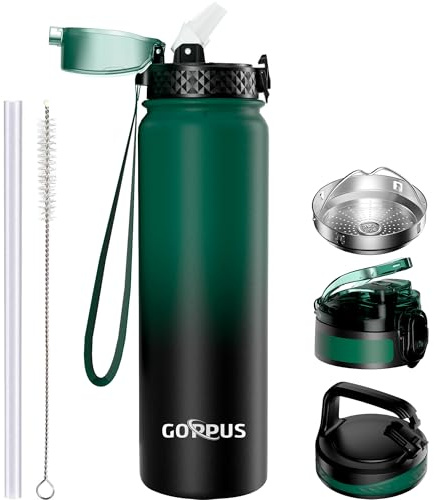 GOPPUS Botella Agua Acero Inoxidable 1l / 32 oz con Pajita Botella Agua Térmica Caliente Botellas Agua Acero Doble pared Botellas Agua Aisladas Botella Agua Fría a Prueba de Fugas Adulto con 3 Tapas
