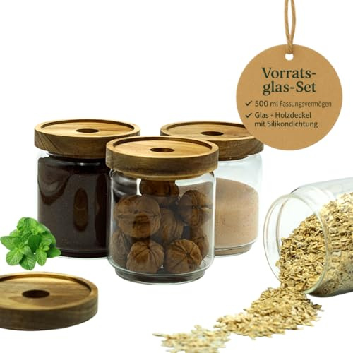 Gewürzgläser mit Holz Deckel 500 ml aus Borosilikatglas, Jars, luftdichtes Vorratsglas, Vorratsdosen Glas-BehälterSet für Lebensmittel und Gewürze Umweltfreundliche (2)