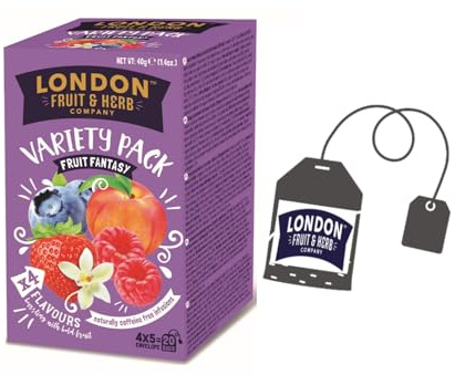 London Fruit® | Sortiment av infusioner 4 smaker | Hallon, Persika, Jordgubb & Vanilj, Blåbär Örtte | Fruktinfusioner utan koffein - 4 x 5 påsar (40 gr)