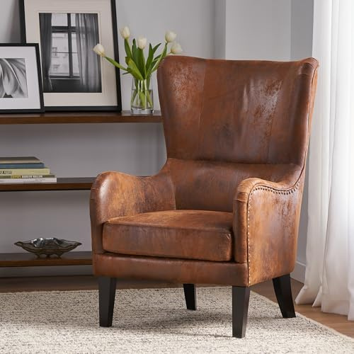 Asucoora Mid-Century Modern Accent Chairs, 27 Wide Wingback Club Chair with Nailhead Trim, Fabric Reading Living Room Side Chair, Faux Leather Armchair Sofa