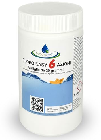acquaverde | Cloro Easy 6 AZIONI in Pastiglie da 20 gr. Multiazione per Trattamento di Piscina e Spa: Clorazione, Alghicida, Flocculante, Stabilizzante del Ph, Antischiuma e Antimicotico – 1 kg