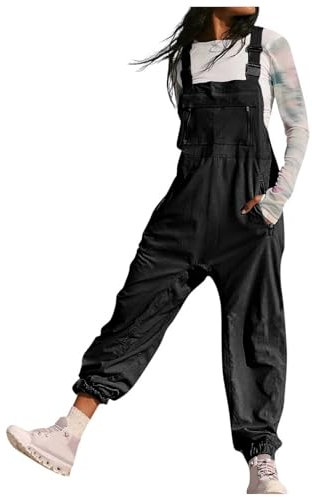 Elegant Arbeitslatzhose Lose Damen Latzhose Damen Sommer Oversize Jumpsuit Overall Ärmelloser Latzhosen Schwarz mit Große Taschen und Träger Schlupfhose Frauen Baumwolle Baggy Hosen Mädchen