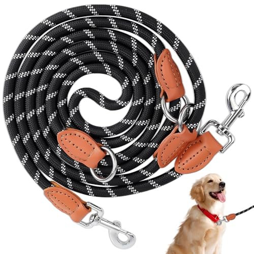 Wzhtuzi Schleppleine, Hundeleine Doppelleine für Hunde, Starke Hunde Trainingsleine mit 2 Karabinerhaken und 3 Ringen, Verstellbare Doppelleine aus Nylon 1.3cm x 300cm- Schwarze