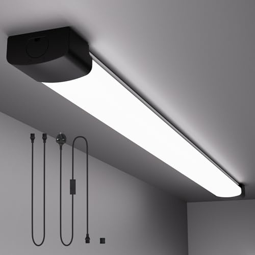 Amdelne 6000k Led Batten Light, 1.4FT, 16W Plug in Ceiling Light Led, IP65 Workshop Lighting for Garage, Office, Bedroom, Living Room,Wall, Kitchen, Shed, Outdoor（Black ）