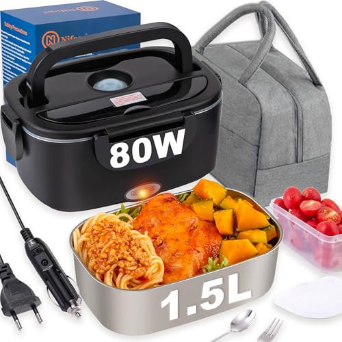 Nifogo Scaldavivande Elettrico 80W Lunch Box Elettrica 3 in 1 Contenitore Portavivande 1,5L l'ufficio, casa, Auto, Camion 12V 24V e 230V con Grigio Borsa isolante e Set di Posate(Nero)