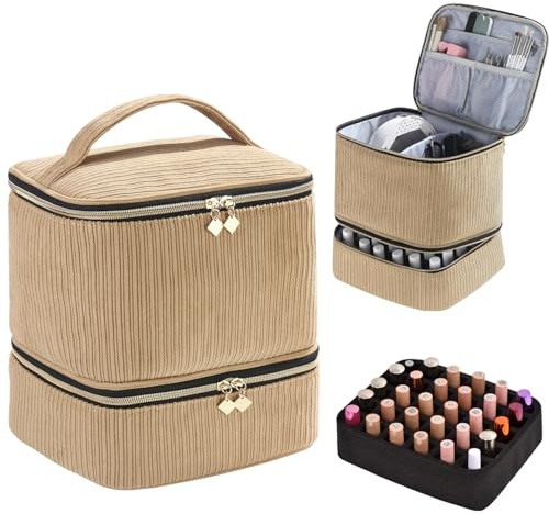 CTWWFS Nagellack organisatör och nagellampfodral, nagellacksorganisatör rymmer 30 flaskor (15 ml - 0,5 fl.oz) och en nagellampa, nagellack bärväska med manikyrverktyg förvaringssektioner, Brun, Stort