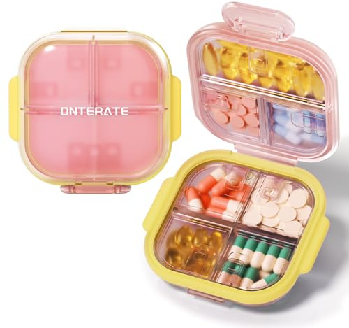 ONTERATE Reise Pillendose, Kleine Pillendose mit 7 Fächern für die Handtasche, Tragbares Kleines Pillenetui, Feuchtigkeitsbeständige Mini Medikamentenbox für Vitamine und Fischöl (Rosa)