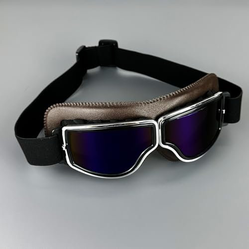 XUEZHEN Motocross Brille，Cross Brille Leder Motorradbrille Vintage Pilotenbrille Winddichte Universal-Skibrille for den Außenbereich Fahrrad(Coffee Frame-Blue)