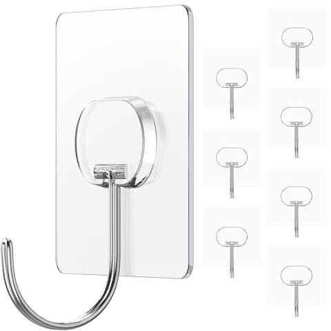 JINSHUNFA Adhesive Wall Hooks 13LB Heavy Duty No Drill Large Transparent Waterproof Hooks for Bathroom Kitchen Towel Coat 8 Pack