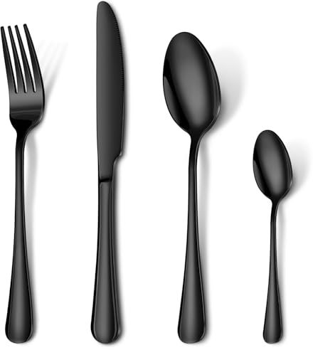 Black Cutlery Set, HONKKU 48 Pieces Stainless Steel Flatware Set for 12 People, Mirror Polished Silverware Set with Spoon Knife and Fork Sets for Home Kitchen, Dishwasher Safe