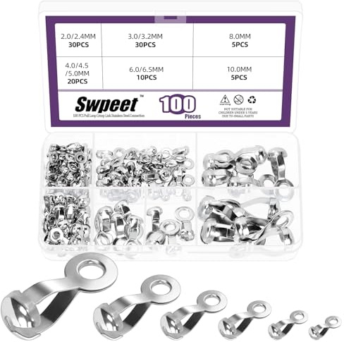 Swpeet 100Pcs 6 Sizes 304 Stainless Steel Ball Chain Pull Loop Connectors Kit, Pull Loop Crimp Link Clasp Bead Chain Connectors Fit Jewelry Clasp Findings for Bracelet Necklace DIY