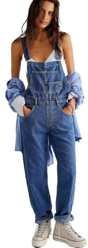 SaiDeng Dam denim hängselbyxor – ärmlösa säckiga jeans overall med fickor – lång vida ben look i avslappnad streetwear stil, Mörkblå, L