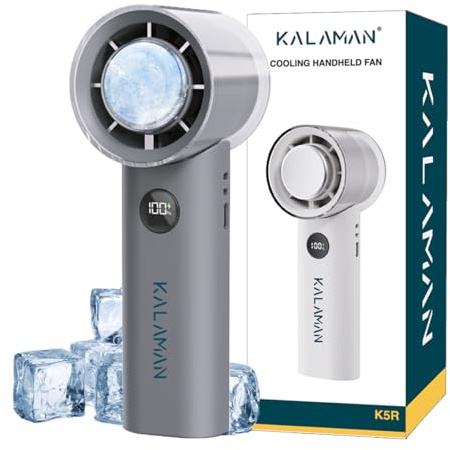 KALAMAN Handheld Portable Fan with Ice Cooler, 5000mAh Rechargeable Personal Fan, 12000 RPM Mini Pocket Fan with 15H Cooling Time, Quiet Wearable Neck Fan for Travel Office Outdoor (Black)