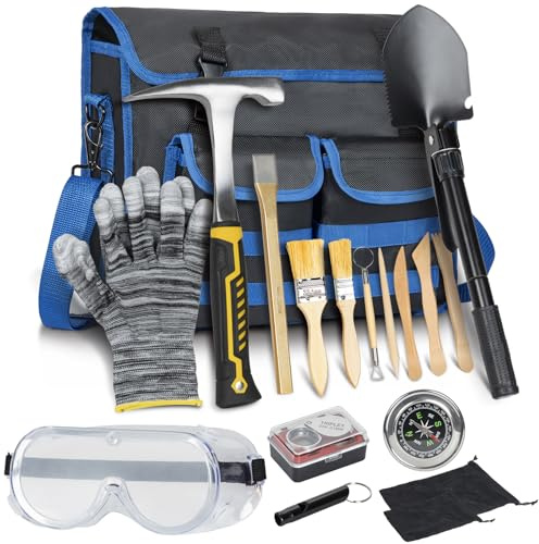 LASUK 18PCS Geology Rock Pick Hammer Kit, Gold Mining & Prospecting Equipment Tool, including Hammer, Shovel, Wooden Chisel, Magnifying glass, Whistle, Goggles, Brushes, Flocked bags, compass