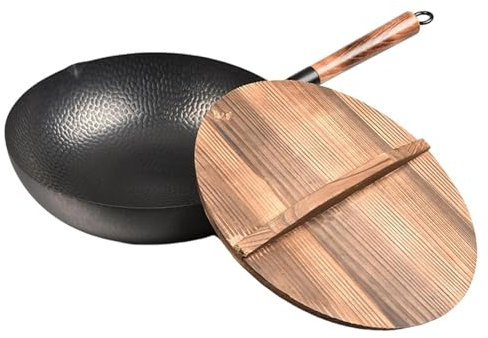 EHJRE Padella Wok Pentole Universali 32cm Padella Manuale in Ferro Forgiato Pentole Wok a Fondo Piatto
