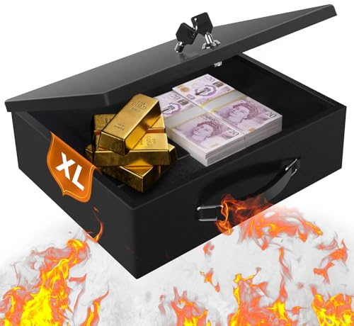 Fireproof Document Box, Large Document Safe Box with Key Lock and Handle, Portable Fire Proof Documents Storage Box for Personal Items, Passport, Cash, Tablet, Exterior, 33.5x28x10.5cm