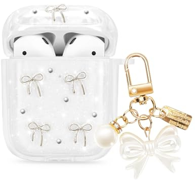 Newseego Cover Trasparente per Airpods 1/2 Gen, Design con Fiocchi Glitterati e Portachiavi con Fiocco e Perla per Ragazze e Donne Custodia Morbida in TPU Antiurto per Apple Airpods 1a/2a Generation