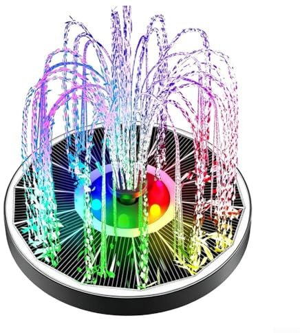 Fontana ad acqua solare con luci LED, 3 W, fontana per uccelli a energia solare con 8 luci RGB che cambiano colore, fontana da giardino da 16 cm con 3 ugelli per laghetto e patio (ugello nero)