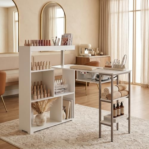 Caldion Table de Soin des Ongles 7 étagères Table de manucure avec Aspiration Meuble Manucure Professional Grand Espace de Rangement pour Salon et Beauté 110 x 82 x 110 cm Blanc