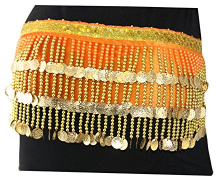Egypt Bazar Extravagantes Bauchtanz Hüfttuch Münzgürtel in Rechtecksform, DREI Reihen Gold Münzen, Farbe orange