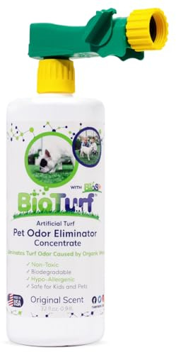 BioTurf BioS+ Odor Eliminator Concentrate - Artificial Turf Cleaner for Dog Urine & Feces - Outdoor Yard Deodorizer Enzyme Odor Eliminator for Fake Grass, Patios, Kennels & Gravel - 32 oz Bottle