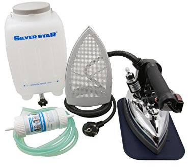 Silver Star ES-85 220 Volt Gravity-Fed Steam Iron - Hanging Bottle Gravity Feed Steam Iron with Non-Stick Laminate Sole Plate, Demineralizer Cartridge & Silicone Iron Rest