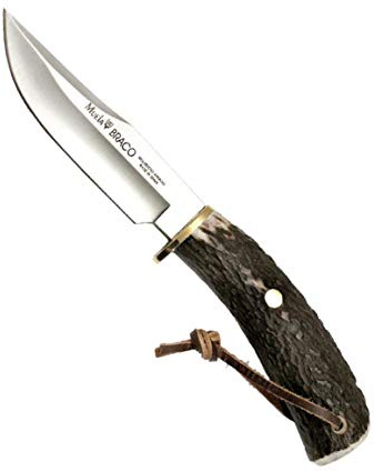 Muela Cuchillo de lujo BRACO-11A hoja de acero ACX-380 de 11 cm y empuñadura de asta de ciervo para Caza, Pesca, Supervivencia y Bushcraft Realizado en Ciudad Real + Portabotellas de regalo