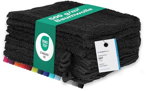BaSaTex Frottee Waschhandschuhe, 10 Stück, 15x21 cm, Schwarz | 100% Baumwolle, Made in Green Zertifiziert, Aufhängeschlaufe, Saugstark und Weich