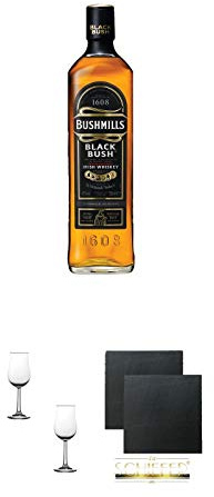 Bushmills Black Bush Irish Whiskey Country Antrim 0,7 Liter + Nosing Gläser Kelchglas Bugatti mit Eichstrich 2cl und 4cl - 2 Stück + Schiefer Glasuntersetzer eckig ca. 9,5 cm Ø 2 Stück