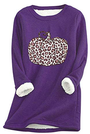Yowablo Frauen Top Halloween Kürbis Leopardenmuster Verdickung Warm Long Sleeve (XXL,2Lila)