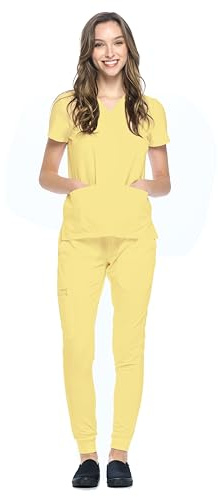 Dagacci Medical Uniform® Jogger Scrubs for Women Set – V-Neck Scrub Top & Elastic Jogger Scrub Pants for Women 8 Pockets Yellow 2XL