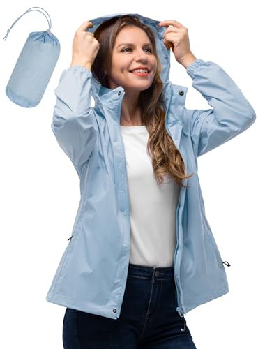 33,000ft Damen Wasserdichte Faltbar Regenjacke mit Kapuze, Leicht Atmungsaktive Windbreaker Jacke, Fahrradjacke für Frauen Fahrrad Sport Outdoorjacke