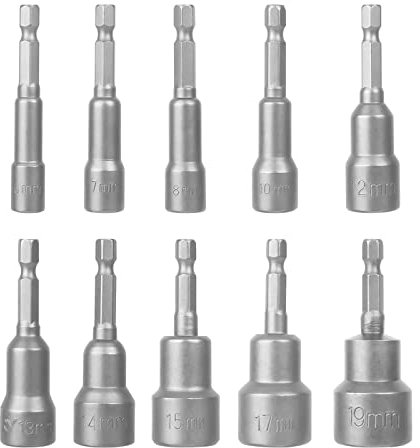 CTDMJ Magnetic Hexagon Socket10Pcs, 6-19mm Hex Shank Magnetic Nut Setter Driver, 1/4 Inch Drill Bit Set, Hex Drill Bits Hexs for Electric Screwdriver