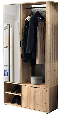 JARSTOL Fabryka Mebli Garderobe Milo I 189 x 100 x 33 cm mit Spiegel Kleiderstange Fächer Garderobeständer Kleiderständer Wandgarderobe Flur Diele Korridor Schrank (Eiche Artisan)