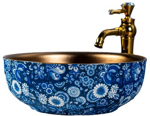 jdzjybqx Keramik Aufsatzwaschbecken für Badezimmer, goldene Waschplätze, blaues und weißes Porzellan, orientalischer Waschtischaufsatz, runde Waschschüsseln,Größe:41cmxH15cm