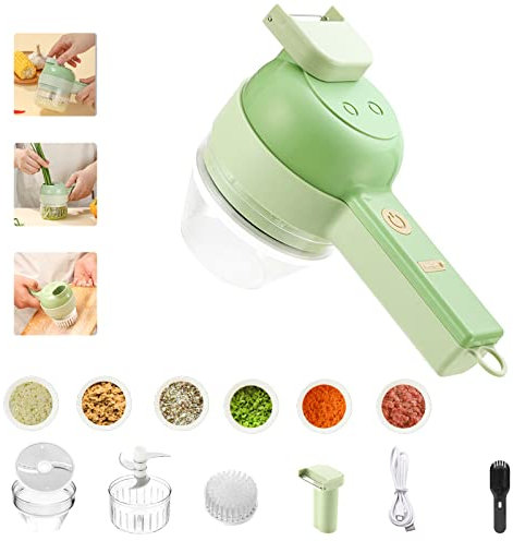 Wisada 4 in 1 Set tagliaverdure elettrico portatile senza fili multifunzionale,robot da cucina manuale,accessori da cucina professionali,affettaverdure/aglio,spazzola elettrica per la pulizia(Verde)