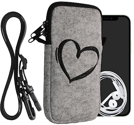 kwmobile Handytasche für Smartphones XXL - 7 - Filz Handy Hülle Schwarz Hellgrau - Handy Tasche mit Kette 17,7 x 8,5 cm Innenmaße - Herz Brush