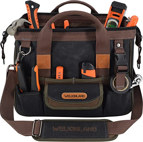 WELKINLAND Sac à outils en toile à 30 poches, 35,6 cm de sacs cirés robustes, sac fourre-tout pour outils, électricien de ligne pour électriciens, sac à outils pour hommes de service en noir/brun
