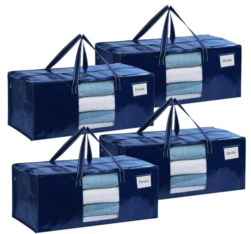 VENO 4er-Pack Umzugstaschen XXL (87 Liter) mit Sichtfenster,Aufbewahrungstasche mit Starken Griffen & Reißverschluss, Faltbare Alternative zu Umzugskartons für Kleidung & Bettwäsche (Blau)