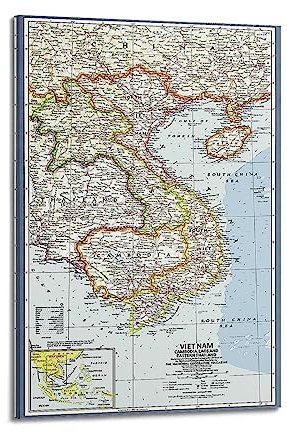 JONZA Poster con mappa del Vietnam, Cambogia, Laos e Thailandia orientale, decorazione da parete su tela, decorazione artistica da parete per camera da letto, 20 x 30 cm