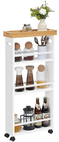 HOOBRO 4-stöckiger Schmaler Servierwagen, Küchenwagen aus Bambus, Küchenregal mit 360° Drehbare Räder und Geländern, für kleine Räume in Badezimmern, Schlafzimmern, Waschküchen, Weiß EYW40TC01