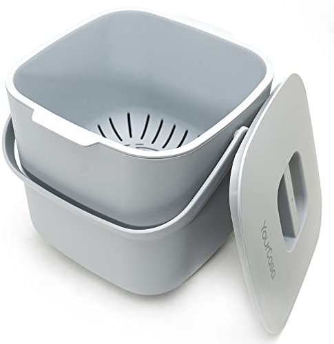 YourCasa Kitchen food waste bin caddy - countertop small compost bin kitchen counter with lid trash can - 4L - Dishwasher Safe - Odour Proof - Inner Sieve - indoor food recycling composter (Grey)