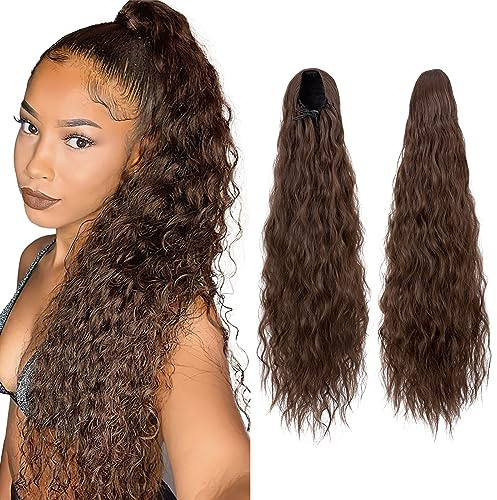 SEGO 81 cm Pferdeschwanz Haarteil Hair Extensions Zopf mit kordelzug Clip Haarverlängerung wie Echthaar Lang Mittelbraun