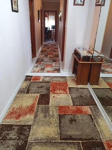 Alfombra Pasillo Pie de Cama Infinity Antideslizante 67x350 cm Marrón/Beige | Pelo corto en polipropileno frissé | Dibujo geométrico moderno | Lavable, fácil de aspirar y de limpiar | Uso en dormitorio